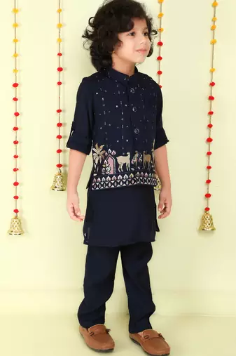 Navy blue cotton silk embriodered ethnic jacket with kurta set