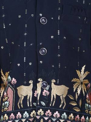 Navy blue cotton silk embriodered ethnic jacket with kurta set 4