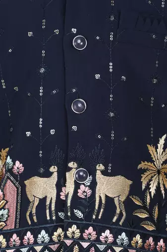 Navy blue cotton silk embriodered ethnic jacket with kurta set
