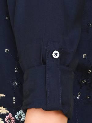 Navy blue cotton silk embriodered ethnic jacket with kurta set 5