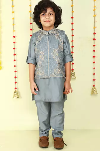 Grey gold zari embriodered coton silk ethnic jacket with kurta set