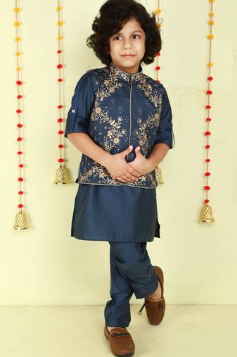 Teal gold zari embriodered coton silk ethnic jacket with kurta set
