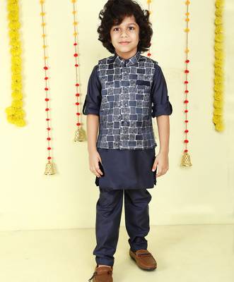 Navy blue woven jaquard brick pattern ethnic jacket with kurta set 1