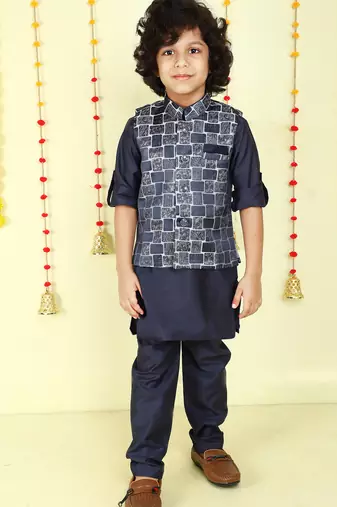 Navy blue woven jaquard brick pattern ethnic jacket with kurta set