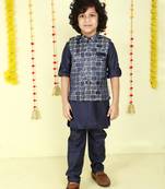 Navy blue woven jaquard brick pattern ethnic jacket with kurta set