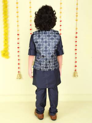 Navy blue woven jaquard brick pattern ethnic jacket with kurta set 2