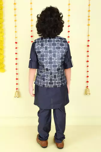 Navy blue woven jaquard brick pattern ethnic jacket with kurta set