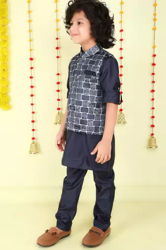 Navy blue woven jaquard brick pattern ethnic jacket with kurta set