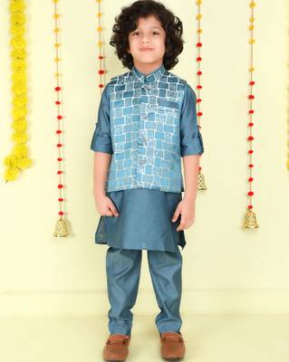 Teal woven jaquard brick pattern ethnic jacket with kurta set 1