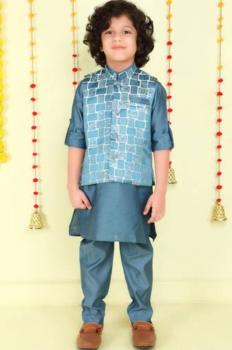 Teal woven jaquard brick pattern ethnic jacket with kurta set