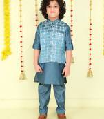 Teal woven jaquard brick pattern ethnic jacket with kurta set