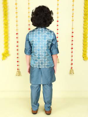 Teal woven jaquard brick pattern ethnic jacket with kurta set 2