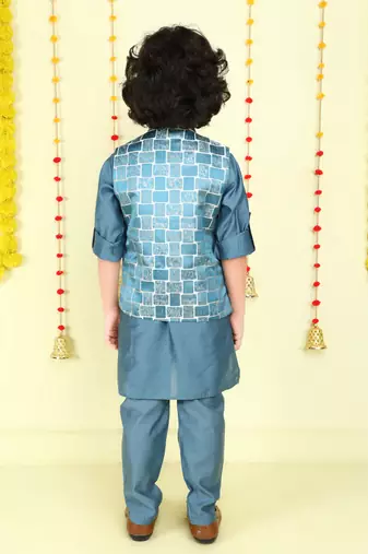 Teal woven jaquard brick pattern ethnic jacket with kurta set