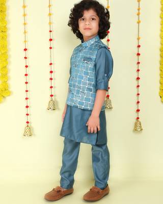 Teal woven jaquard brick pattern ethnic jacket with kurta set 3