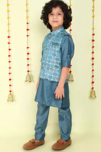 Teal woven jaquard brick pattern ethnic jacket with kurta set