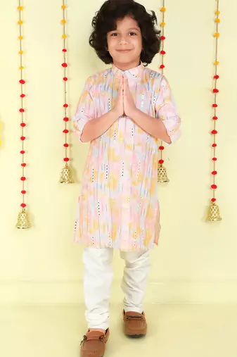 Pink mirror embriodered cotton kurta with pyjama set
