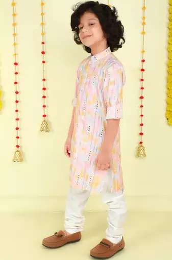 Pink mirror embriodered cotton kurta with pyjama set