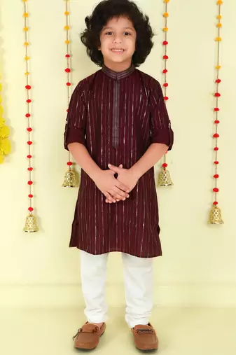 Wine foil stripes woven kurta and pyjama set