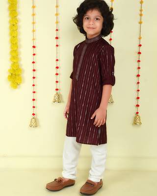 Wine foil stripes woven kurta and pyjama set 3