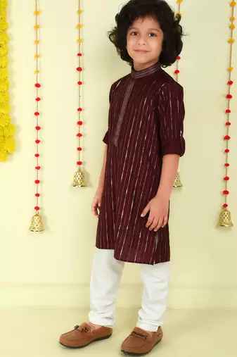 Wine foil stripes woven kurta and pyjama set