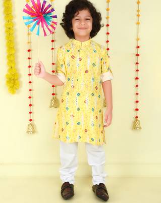 Yellow mirror embriodered cotton kurta with pyjama set 1