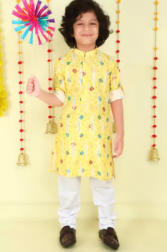 Yellow mirror embriodered cotton kurta with pyjama set