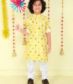 Yellow mirror embriodered cotton kurta with pyjama set