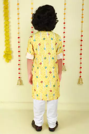 Yellow mirror embriodered cotton kurta with pyjama set
