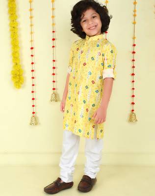 Yellow mirror embriodered cotton kurta with pyjama set 3