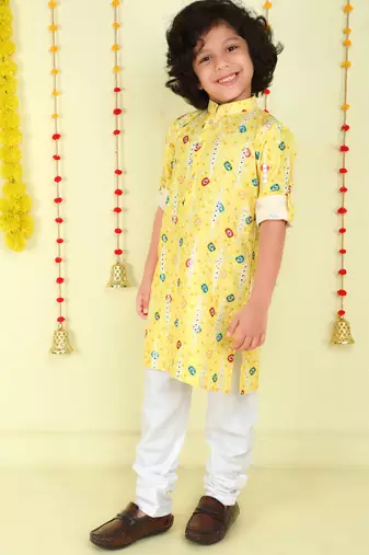 Yellow mirror embriodered cotton kurta with pyjama set