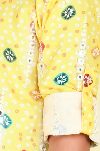 Yellow mirror embriodered cotton kurta with pyjama set