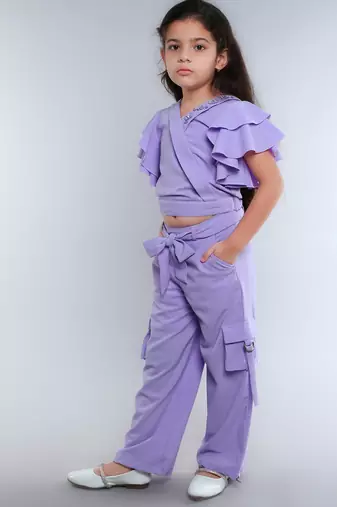 Lilac wrap style solid embriodered co-ord set