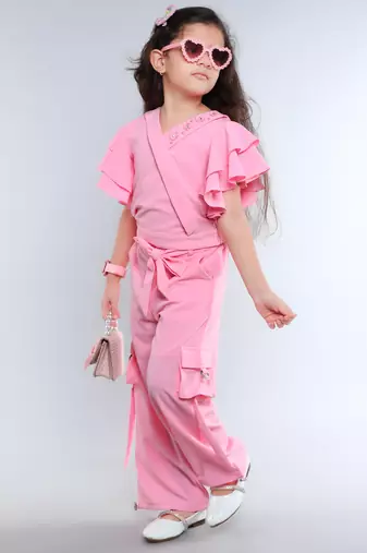 Baby pink wrap style solid embriodered co-ord set