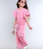 Baby pink wrap style solid embriodered co-ord set