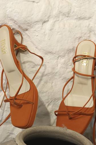 Orange solid synthetic leather heels