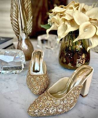 Gold woven synthetic leather heels 1
