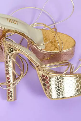 Gold solid synthetic leather heels