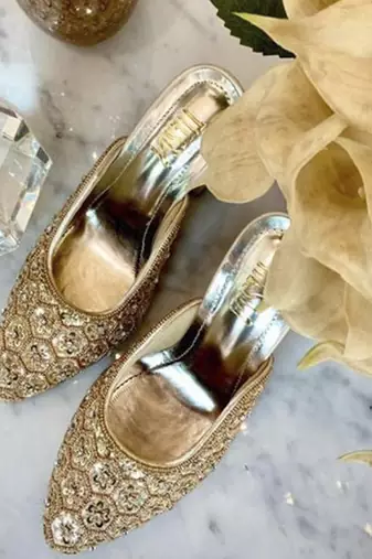 Gold woven synthetic leather heels
