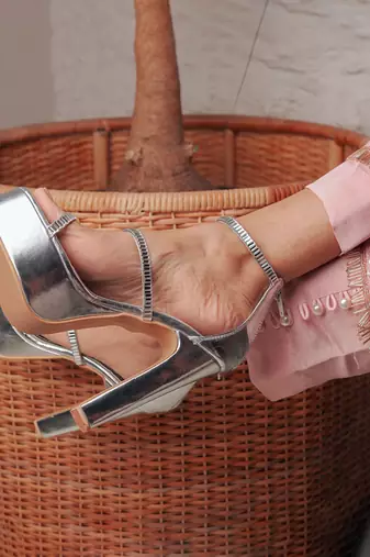 Silver solid synthetic leather heels