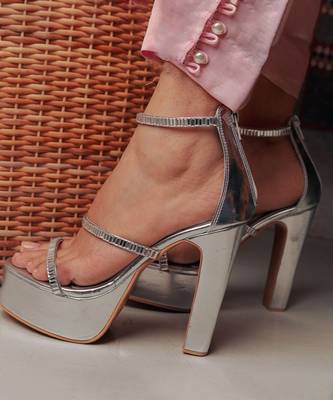 Silver solid synthetic leather heels 4