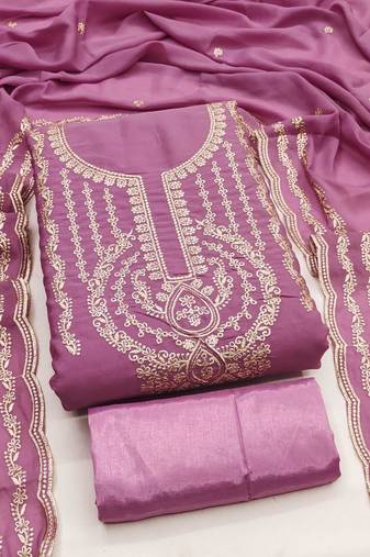 Elegant pink georgette embroidered salwar suit material with santoon bottom