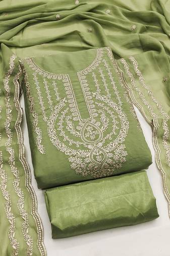 Green georgette embroidered salwar suit material with santoon bottom