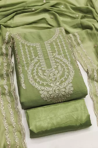 Green georgette embroidered salwar suit material with santoon bottom