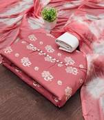 Peach floral cotton salwar suit material with tie-dye dupatta
