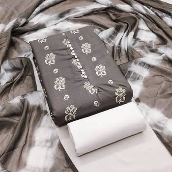 Grey floral cotton salwar suit material with tie-dye dupatta 1