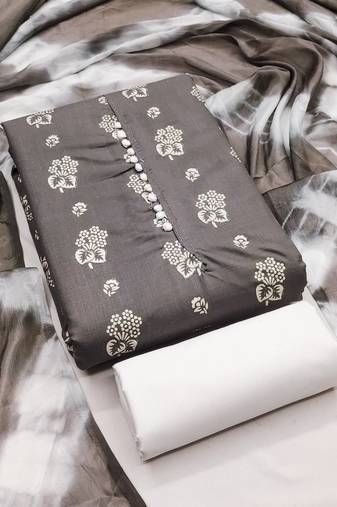 Grey floral cotton salwar suit material with tie-dye dupatta