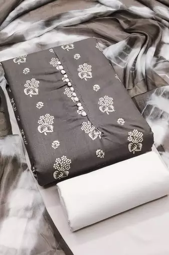 Grey floral cotton salwar suit material with tie-dye dupatta