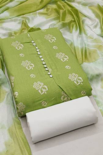Light green floral cotton salwar suit material with tie-dye dupatta