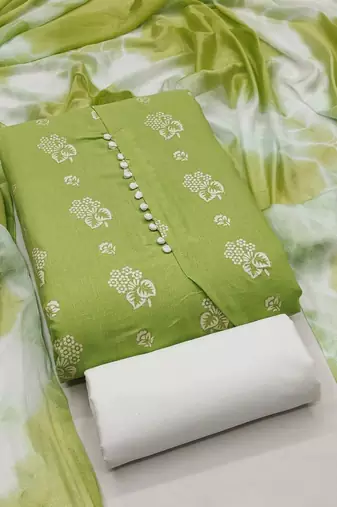 Light green floral cotton salwar suit material with tie-dye dupatta