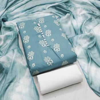 Aqua blue floral cotton salwar suit material with tie-dye dupatta 1